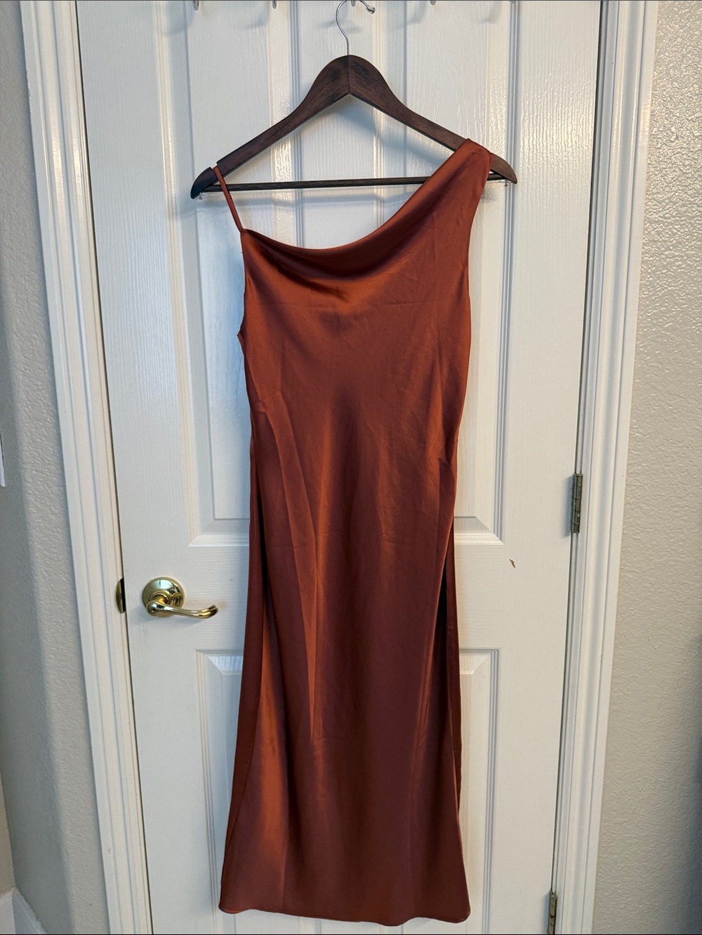 Petal & Pup One-Shoulder Slip Dress in Rust Brown